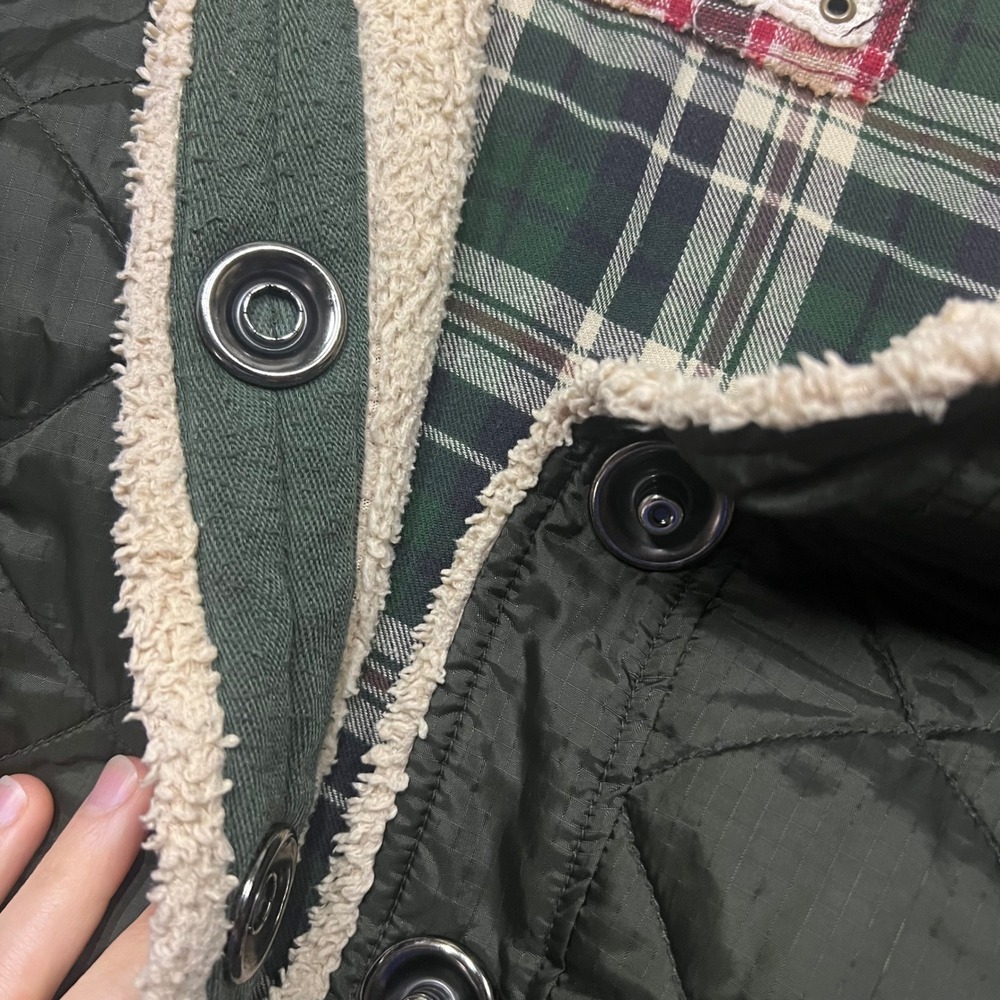 Free People Olive Green Quilted Sherpa Trim Barn Coat Jacket womens 10 large - Picture 9 of 13